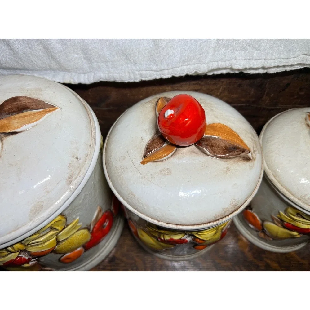 VTG Napcoware Japan 4 Piece Ceramic Fruit Canister Set Cream Grannycore